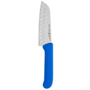 The Messermeister Petite Messer Blue Kullens Santoku Knife - 5" features a silver blade with a granton edge and oval indentations, paired with a bright blue ergonomic handle by Messermeister.