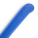 A close-up of the Messermeister Petite Messer Blue Kullens Santoku Knife—5", featuring its blue, rounded plastic handle, set against a white background.