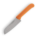 The Messermeister Petite Messer Orange Kullens Santoku Knife - 5" features a high-carbon stainless steel silver blade with oval indents and an ergonomic orange handle, shown against a white background.