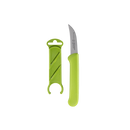 The Messermeister Petite Messer Parer Trio Set with Matching Sheaths is displayed, featuring a green-handled paring knife and its matching blade cover, both set elegantly against a plain white background.