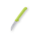 The Messermeister Petite Messer Parer Trio Set, featuring curved stainless steel blades and bright green ergonomic handles with matching sheaths, is the perfect addition to any quality knife set.