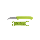 A Messermeister Petite Messer Parer Trio Set is shown, featuring small curved paring knives with bright green handles and matching protective sheaths, displayed on a plain white background.