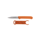 The Messermeister Petite Messer Parer Trio Set with Matching Sheaths is shown with vibrant orange handles and blade covers on a white background—a bright, practical addition to any knife collection.