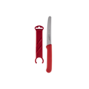 The Messermeister Petite Messer Parer Trio Set with Matching Sheaths features three serrated kitchen knives with red handles and coordinating blade covers, all displayed on a plain white background. Ideal for any knife set or paring knife collection.
