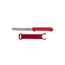 A Messermeister Petite Messer Parer Trio Set with matching sheaths, featuring red handles and protective sheaths, displayed on a plain white background.