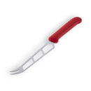 The Messermeister Petite Messer Red Cheese & Tomato Knife - 6" features a serrated stainless steel blade with cut-out sections, a two-pronged tip, and an ergonomic red handle.