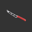 The Messermeister Petite Messer Red Cheese & Tomato Knife, 6", with a stainless steel serrated blade, holes, prongs, and a red handle is shown against a dark background.