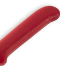 A close-up of the curved, smooth red handle of the Messermeister Petite Messer Red Cheese & Tomato Knife - 6", photographed against a white background.