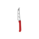 The Messermeister Petite Messer Red Cheese & Tomato Knife - 6" features a red handle, stainless steel serrated blade with cutouts, and a forked tip, displayed on a plain white background.