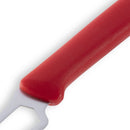 A close-up of the Messermeister Petite Messer Red Cheese & Tomato Knife - 6" shows its red handle and partially visible serrated blade against a white background.