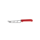 The Messermeister Petite Messer Red Cheese & Tomato Knife - 6" features a serrated stainless steel blade with cut-out sections, a forked tip, and an ergonomic red handle, shown on a plain white background.