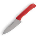 The Messermeister Petite Messer Red Chef's Knife - 5" features a short, broad high-carbon stainless steel blade and a vivid red ergonomic handle from Messermeister, shown on a white background.