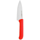 The Messermeister Petite Messer Red Chef's Knife - 5" features a high-carbon stainless steel, razor-sharp blade and a bold red handle, shown on a plain white background.