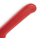 A close-up of the Messermeister Petite Messer Red Chef's Knife - 5", featuring a flat, slightly curved red matte handle against a white background.