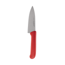 The Messermeister Petite Messer Red Chef's Knife - 5" features a sharp high-carbon stainless steel blade and a vibrant red handle, displayed against a plain white background.
