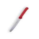 The Messermeister Red Serrated Tomato Knife with Matching Sheath (4.5"), featuring a silver blade and vibrant red handle, is shown on a white background.