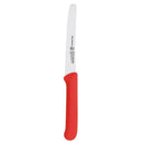 The Messermeister Red Serrated Tomato Knife with Matching Sheath, 4.5", features a long silver blade and red handle, shown on a white background.
