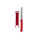 The Messermeister Red Serrated Tomato Knife with Matching Sheath (4.5") is displayed alongside its red sheath, both set against a plain white background.