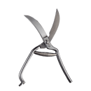 The Messermeister Poultry Shear - 10", featuring curved stainless steel blades and a spring-loaded handle, is pictured open against a plain white background.
