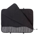 The Messermeister Preservation Black Knife Roll - 12 Pocket features a black exterior, contrasting gray interior, and multiple elastic loops inside for organizing tools—offering chefs a stylish and practical storage solution.