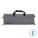 Introducing the Messermeister Preservation 12-Pocket Heather Gray Knife Roll—a stylish gray fabric knife bag featuring a sturdy black handle and the original Messermeister label. Ideal for safely storing or transporting your kitchen knives in an organized way. In the bottom right corner, a blue water bottle icon with a circular arrow displays the number 37, highlighting its sustainable design.