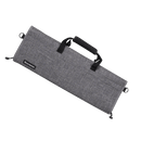 The Messermeister Preservation 12-Pocket Heather Gray Knife Roll is shown on a white background. This gray fabric bag features a handle and two black straps, with a small waterproof label visible on the front. Designed by Messermeister for organized knife transport, the bag appears closed and ready to carry.