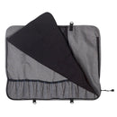 The Messermeister Preservation 12-Pocket Heather Gray Knife Roll is shown on a white background, featuring elastic pockets, a mesh compartment, and a partially open black flap—ideal for organized knife transport or compact kitchen knife storage.