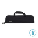The Messermeister Preservation Black Knife Roll - 5 Pocket features two handles, a front logo, and an eco-friendly design made from recycled water bottles, as shown by the blue icon with the number 9.