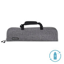 The Messermeister Preservation Heather Gray Knife Roll - 5 Pocket is a gray fabric bag with black handles and zip closure, labeled “Messermeister.” An icon shows a water bottle and the number 9, highlighting its recycled plastic materials.