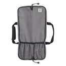The Messermeister Preservation Heather Gray Knife Roll features five pockets, black handles, a zippered edge, and elastic sections. Made from recycled plastic with a small white label near the top. Foldable for easy storage.