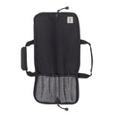 The Messermeister Preservation Black Knife Roll - 5 Pocket, made from recycled water bottles, features a black and gray fabric exterior, four interior pockets, a side carrying handle, and a solid black top with a small rectangular Messermeister logo patch.