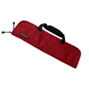 A Messermeister Preservation Heather Red Knife Roll - 5 Pocket, made from recycled water bottles with black handles, padded grip, and a small black Messermeister label, shown on a white background.