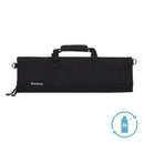 The Messermeister Preservation Black Knife Roll - 8 Pocket features a handle, dual zipper pulls, a small logo patch, and is made from 25+ recycled bottles—stylish, sustainable chef gear for organizing knives.