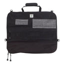 The Messermeister Preservation Black Knife Roll - 8 Pocket is a rectangular, black travel organizer with a handle, two gray fabric pockets, a large mesh zippered pocket, and two bottom zippers—perfect for storing chef gear or knives.