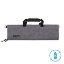The Messermeister Preservation Heather Gray Knife Roll - 8 Pocket is a rectangular, gray fabric bag with black handles, zipper, and logo. A blue icon with a bottle and "25+" highlights recycled plastic in this practical chef gear.