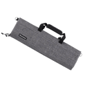 The Messermeister Preservation Heather Gray Knife Roll - 8 Pocket is a rectangular, recycled plastic case with black handles and a zipper, perfect for chef gear, displayed on a white background.