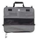 The Messermeister Preservation Heather Gray Knife Roll - 8 Pocket is a rectangular, fabric-textured organizer with a handle, two front pockets, zippered mesh pocket, black zipper pulls, and a top-center logo. Made from recycled plastic—ideal for chef gear.