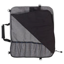 The Messermeister Preservation Heather Gray Knife Roll features recycled plastic, black trim, a left-side handle, mesh top pocket, multiple elastic bottom pockets, and a folded black corner showing the interior. Holds up to 8 knives.