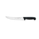 The Messermeister Pro Series Breaking Knife - 8" features a curved, narrow German stainless steel blade and a black plastic handle, shown isolated on a white background.
