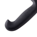 Close-up of a black, curved handle with a hooked end from the Messermeister Pro Series Breaking Knife - 8", set against a white background.