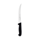 The Messermeister Pro Series Breaking Knife - 8" by Messermeister is crafted from premium German stainless steel, with a long, narrow, slightly curved blade and a black ergonomic handle, shown against a plain white background.
