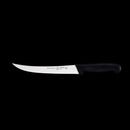 The Messermeister Pro Series Breaking Knife - 8" features a sharp, narrow German stainless steel blade and a black ergonomic handle, shown against a solid black background.