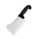 The Messermeister Pro Series Heavy Meat Cleaver - 6" features a large high-carbon stainless steel blade with a hole near the top, engraved Messermeister logo, and a black ergonomic handle. Displayed on a white background.