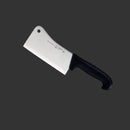 The Messermeister Pro Series Heavy Meat Cleaver - 6" is shown on a plain dark background, featuring a black ergonomic handle and high-carbon stainless steel blade with a hole near the top corner for easy hanging.