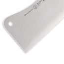 A close-up shows the sharp edge, smooth surface, high-carbon stainless steel blade, and hole near the top of the Messermeister Pro Series Heavy Meat Cleaver - 6" from Messermeister.