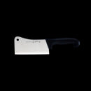 The Messermeister Pro Series Heavy Meat Cleaver - 6" features a black handle and high-carbon stainless steel blade, displayed against a solid black background.