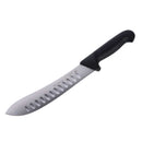The Messermeister Pro Series Kullens Butcher Knife - 8" features high-carbon stainless steel, a black ergonomic handle, and oval blade cutouts, displayed against a white background.