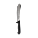 The Messermeister Pro Series Kullens Butcher Knife - 8" features a black ergonomic handle and a high-carbon stainless steel blade with edge indentations, shown on a plain white background.