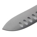 Close-up of the Messermeister Pro Series Kullens Butcher Knife - 8", a sharp, high-carbon stainless steel blade with oval-shaped indentations for reduced drag.