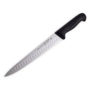 The Messermeister Pro Series Kullens Carving Knife - 10" features a high-carbon stainless steel blade with oval-shaped indentations and a black ergonomic handle, shown on a white background.
